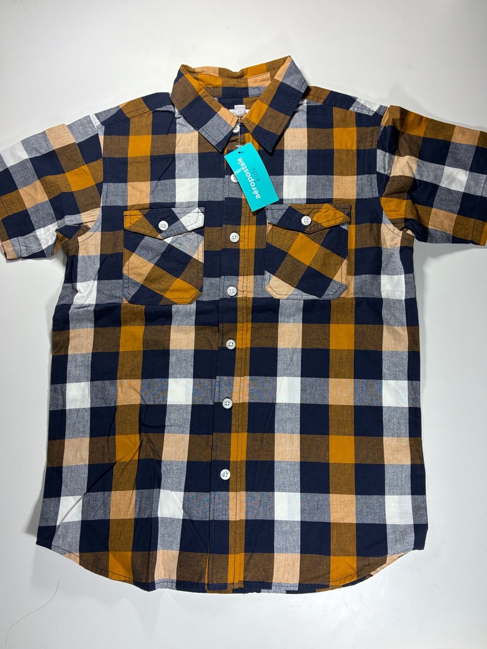 NWT Aeropostale Short-Sleeve Plaid Button-Down Shirt - Navy, Mustard & White, 10